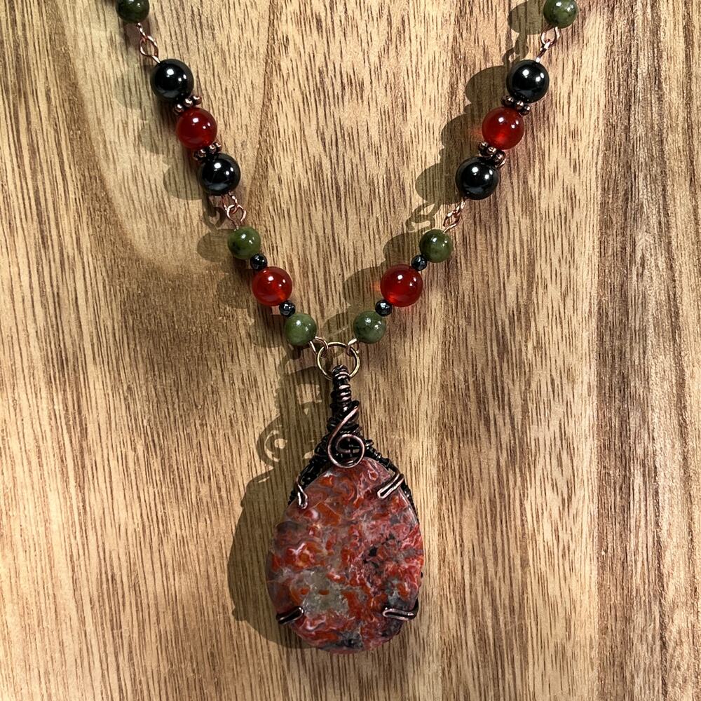 Brecciated Jasper Teardrop cab copper wire wrap orange citrine green jade 20"